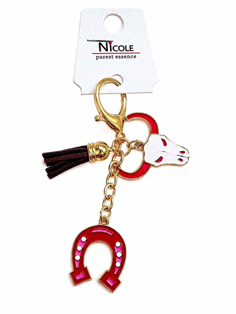 Western Cow Skull Horseshoe Enamel Bag Charm Keychain Cowgirl